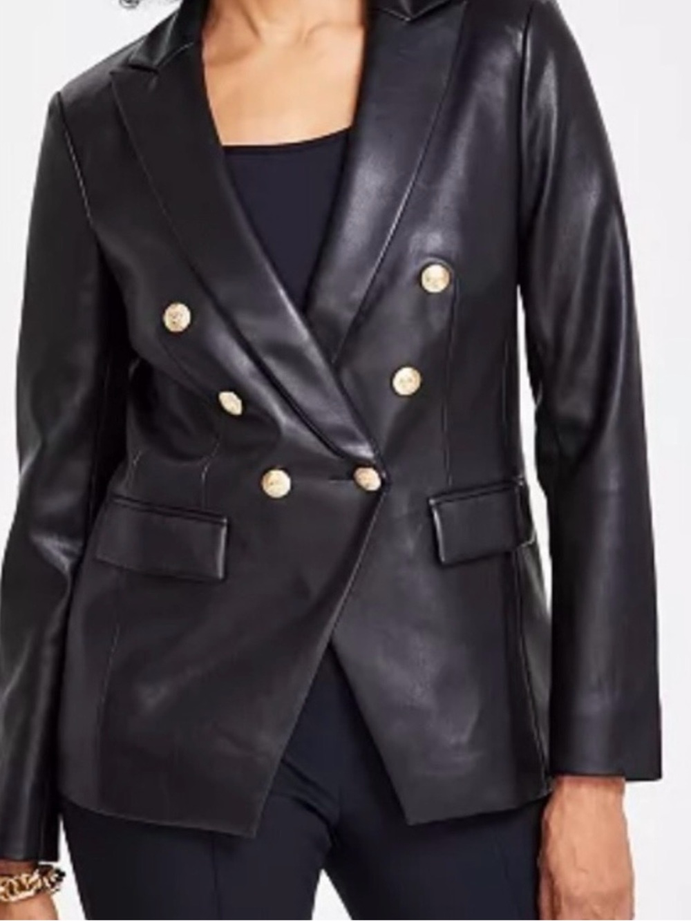 INC International Concepts  Women’s Black Double-Breasted Faux Leather Blazer